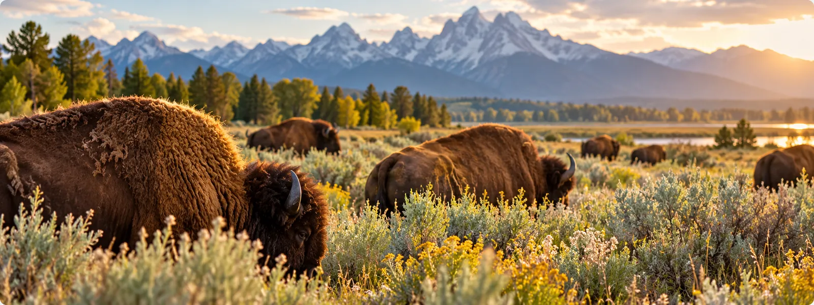 Herd of American bison grazing in sagebrush below snow-capped mountains at sunset