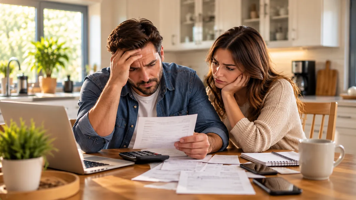 Stressed couple reviewing unpaid bills with a calculator at their kitchen table